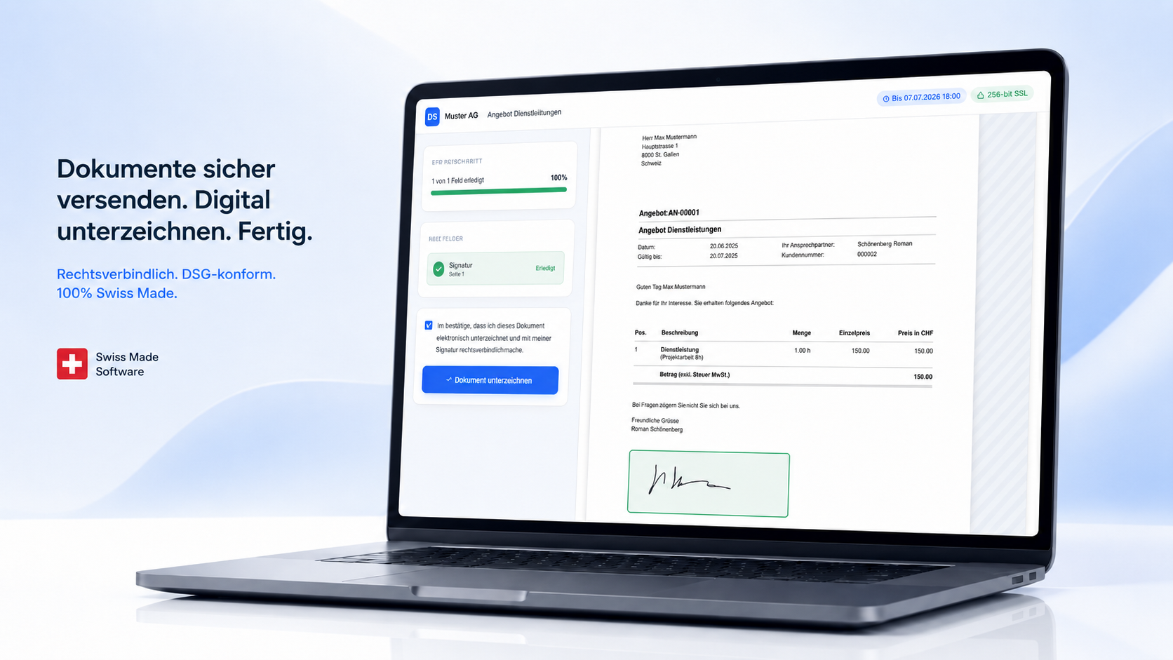 dosign Signaturansicht zum sicheren Online-Unterschreiben von Dokumenten