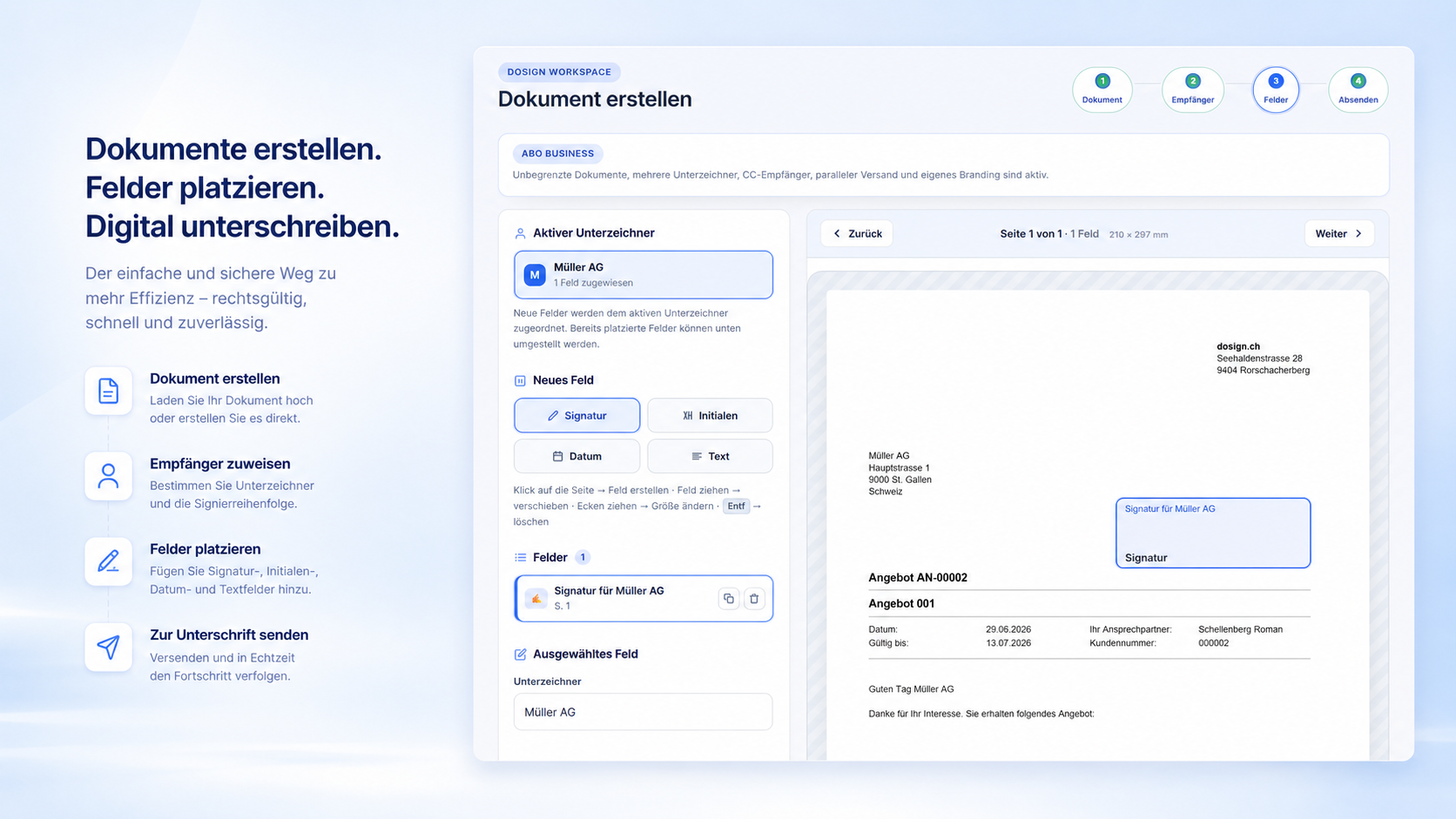 dosign Workspace zum Online-Signieren von Offerten mit PDF-Signaturfeldern